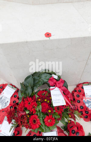 Ghirlande di papaveri prevista in ricordo presso il Commonwealth Cassino Cimitero di guerra per il settantesimo anniversario della fine di battaglie di Cassino Foto Stock