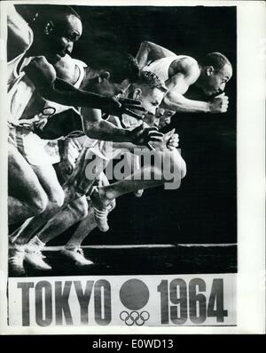 29 maggio 1962 - 29-5-62 sono spenti!. per i Giochi Olimpici a Tokyo nel 1964. Questo poster a colori si pubblicizza i giochi e raffigura il giapponese e statunitense atleti militari di stanza in Giappone, che ha posato per la foto in un 100 metri dash start. Foto Stock