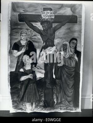 Nov. 28, 1962 - Vietato ''Cristo Nero'' in mostra il dipinto del Cristo Nero da artista colorate Harrison che è stata oggetto di contrabbando al di fuori del Sud Africa dove è vietato è andato in mostra oggi presso la sede di azione cristiana a Londra. Il simbolico scena della crocifissione di Cristo mostra come un uomo nero con la faccia del vincitore del Premio Nobel ex-capo Albert Lutuli. Mostra fotografica di:- il dipinto del Cristo Nero in mostra a Londra oggi. Foto Stock