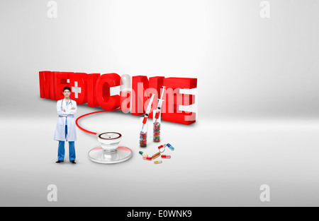 Un medico in piedi accanto alla sua attrezzatura Foto Stock