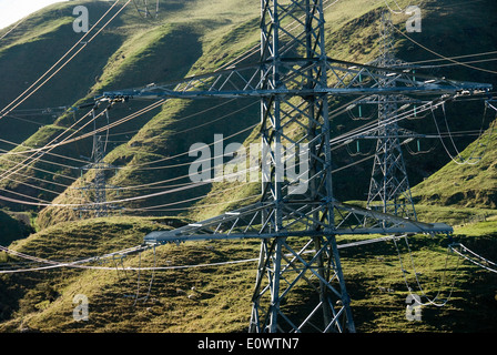 Linee di trasmissione di potenza e tralicci, Belmont Parco Regionale, Wellington, Nuova Zelanda Foto Stock