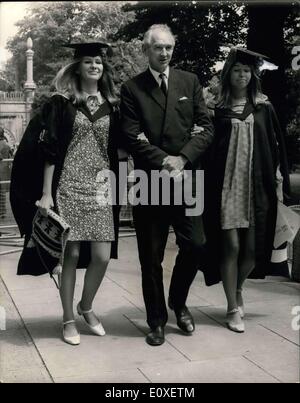 Lug. 13, 1966 - Installazione e cerimonia di laurea a Brighton.: Signore Shawcross oggi è stato installato come nuovo Cancelliere dell'Università del Sussex nel corso di una cerimonia presso le dame di Brighton. Il sig. Harold Wilson, il Primo Ministro e Sir Robert Menzies erano tra questi che sono stati effettuati i medici onorario di diritto dell'Università del Sussex. La foto mostra il Signor Douglas Jay nella foto con il suo figlie gemelle, Catherine (sinistra) e Helen, dopo le ragazze avevano ricevuto il loro B.A.'s per la sociologia e la politica - in la cerimonia di oggi presso il Dome Brighton. Foto Stock