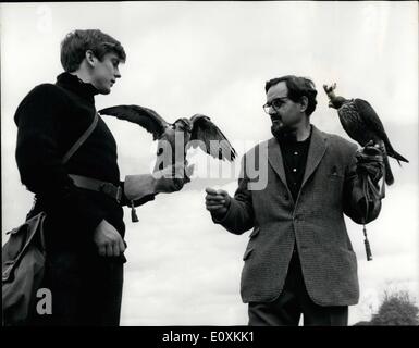 Maggio 05, 1967 - Primi passi alla scuola di falconeria: il Sig. Philip Glasier, 51, utilizzando un paregrine falcon ieri a spiegare le tecniche di manipolazione per il sig. Martin Jones, 20, tenendo un lugger falcon, in un campo a Newent, vicino Glouchester, dove ha fondato la prima scuola di falconeria in Gran Bretagna. Il sig. Glasier, che è stata la formazione di falcons poiché egli era nove, sta offrendo un 16 una settimana di corso per principianti. Foto Stock