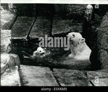 Mar 03, 1967 - Primo bagno per Polar Cub: ''Musse'' l'orso polare in lo zoo di Copenaghen ha preso la sua piccola di tre mesi di età cub per il suo primo bagno, dopo il bagno la madre e il bambino ha preso un pisolino. La foto mostra Musse e il bambino cub godono dell'acqua allo zoo di Copenaghen. Foto Stock