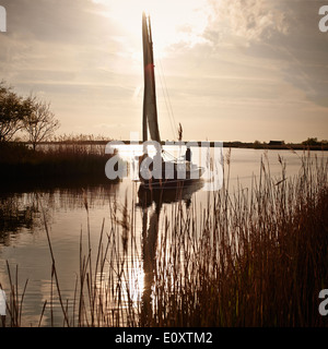 Broads tradizionale barca vela, il Parco Nazionale Broads del Norfolk, Norfolk, Inghilterra, Regno Unito, Europa. Foto Stock