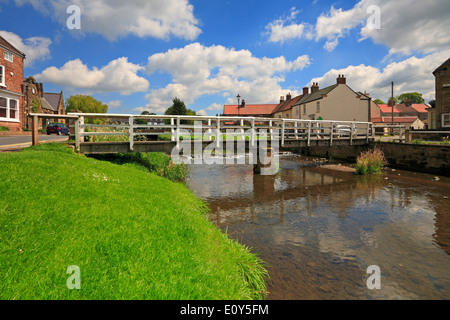 Passerella in legno sopra il fiume Leven in grande Ayton, bassa verde, North Yorkshire, Inghilterra, Regno Unito. Foto Stock