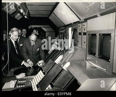 Febbraio 25, 1971 - 25 Febbraio 1971 Centro di controllo del traffico aereo di Londra a West Drayton. Il sig. Michael Noble, ministro del Commercio, oggi ha visitato il centro di controllo del traffico aereo di Londra a West Drayton al fine di vedere la fase 1 della mediazione, il nuovo &pound;20 milioni di progetto di ammodernamento in Gran Bretagna nel sistema di controllo del traffico aereo. La foto mostra: il Sig. Michael nobile (sinistra) indossare gli auricolari, ha uno dei consules operativa ha spiegato a lui dal sig. Barny Job, A.D.C. Operazioni, durante il suo tour del centro di oggi. Foto Stock