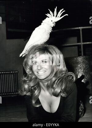 Dic. 02, 1971 - Esposizione Nazionale di gabbia e voliera degli uccelli a Londra?s Alexandra Palace. La foto mostra: Bobby, maggiore cacatua, trova un attraente pesce persico sulla testa di Annita Paolo, 23, alla mostra di oggi. Keystone Foto Stock