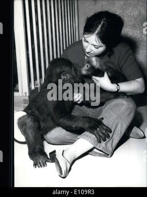 Mar 28, 1970 - qui raffigurato è custode degli animali Gerda Schwarz al allo zoo di Francoforte con il suo ''Best bud'' Salome il baby gorilla. Sulla destra si trova una bussola cane che è nato il precedente anno in dicembre. Il gorilla e il cane di bush stanno facendo i tuoi amici. La bussola cane arriva dal Centro e Sud America. Fritzi il gorilla è la stella nel Professor Grzimek's show televisivo ed è il primo gorilla nato in un zoo europei. Foto Stock