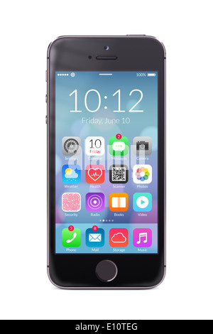 Direttamente vista frontale del mobile nero smart phone con design piatto le icone delle applicazioni sulla schermata isolati su sfondo bianco. Foto Stock