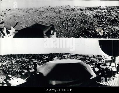 Lug. 07, 1976 - Le prime immagini del pianeta rosso marte: La prima vista panoramica da Viking 1 dalla superficie di Marte nella metà superiore del. Il fuori fuoco dello spazio- componente artigianale verso il centro sinistra è la sede di alloggiamento per il campione di Viking braccio, il quale non è stato ancora implementato. Fondo può essere visto il basso guadagno di antenna di ricezione di comandi da terra. Le proiezioni su o vicino all'orizzonte può rappresentare i bordi distanti i crateri da impatto. Foto Stock