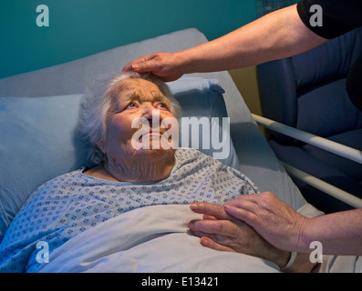 Letto di cura età anziana signora 100 anni vulnerabili in un comodo letto di ospedale cercando & confidando poignant con consolante di toccare la mano del caregiver infermiere Foto Stock