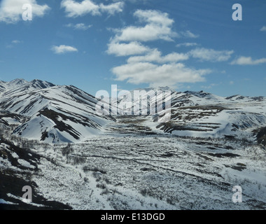 Le Kilbuck Mountains, situate nella riserva naturale nazionale del Delta dello Yukon, ospitano numerosi rapaci. Un sondaggio condotto nel maggio 2013, utilizzando un elicottero, ha contribuito a monitorare queste popolazioni di uccelli e i loro habitat nella remota natura selvaggia dell'Alaska. Foto Stock