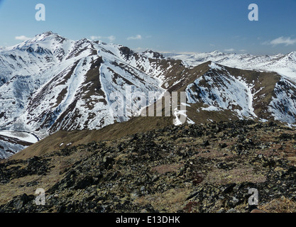 Un'indagine sui rapaci condotta nel maggio 2013 sulle Kilbuck Mountains nel Yukon Delta National Wildlife Refuge, utilizzando un elicottero per valutare le popolazioni della fauna selvatica nella regione. Foto Stock