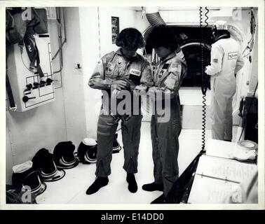 Apr. 17, 2012 - sincronizza il tuo orologio ... Il Centro Spaziale Kennedy, FLA. A pochi istanti prima di salire all'interno della navetta spaziale Challenger per il lancio della 41G missione, astronauti Shuttle Kathy Sullivan, sinistra e Sally Ride sincronizzano i loro orologi. Sullivan diventerà la prima donna americana ad eseguire uno spazio a piedi su questo volo Ride e sarà la prima donna americana a volare nello spazio una seconda volta. Foto Stock