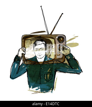 Illustrazione dell'uomo con testa in televisione su sfondo bianco Foto Stock