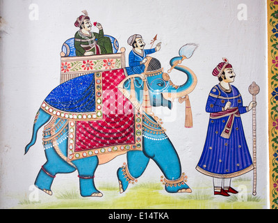 India Rajasthan, Udaipur, Rajasthani arte popolare, pittura murale di Rajput uomo su elefante con fiore Foto Stock