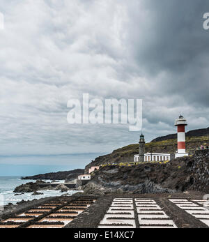 Salinas Teneguía sale stagni di evaporazione, vecchio e nuovo faro, sul sud del promontorio di Punta de Fuencaliente, La Palma Foto Stock