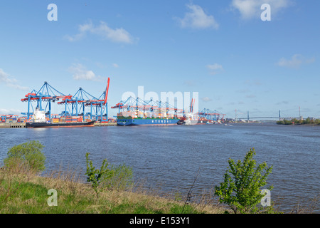 Container terminal Altenwerder (CTA), Ponte Koehlbrand, Amburgo, Germania Foto Stock