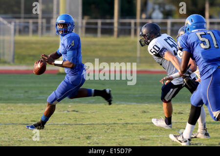 22 maggio 2014 - Largo, Florida, Stati Uniti - DOUGLAS R. CLIFFORD.Largo High School quarterback Donovan Hale (4) codifica durante un sorpasso giocare mentre competere con Palm Harbor università di alta scuola durante il giovedì (5/22/14) Molla del gioco del calcio a Largo. (Credito Immagine: © Douglas R. Clifford/Tampa Bay volte/ZUMAPRESS.com) Foto Stock