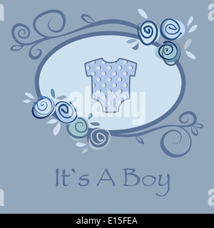 Baby boy saluto e cartolina annuncio con la tuta blu per neonati e cornice floreale. Eps vettoriali10 illustrazione Foto Stock