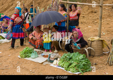 Gruppo di famiglia del fiore donne Hmong vendere verdure da una strada a stallo può cau mercato. Vicino a Bac Ha, Vietnam Foto Stock