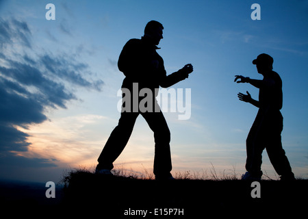 Formazione di karate in serata - silhouette Foto Stock