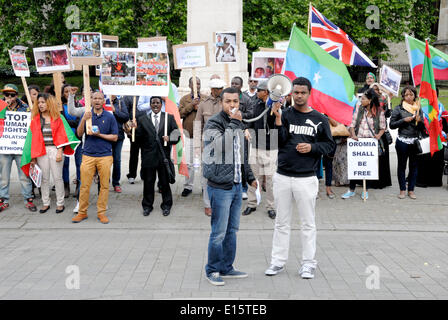 Londra, Regno Unito. 23 Maggio, 2014. Protesta contro le violazioni dei diritti umani in Etiopia contro il popolo Oromo (noto anche come Galla) opposta al Parlamento Foto Stock