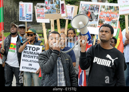 Londra, Regno Unito. 23 Maggio, 2014. Protesta contro le violazioni dei diritti umani in Etiopia contro il popolo Oromo (noto anche come Galla) opposta al Parlamento Foto Stock