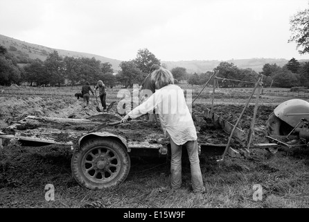 Hippies su un hippy hippie rurale degli anni '1970 del 70 che spara letame di cavallo da un trattore e rimorchio che piantano file di patate in un campo Rhandirmwyn Carmarthenshire Wales UK KATHY DEWITT Foto Stock