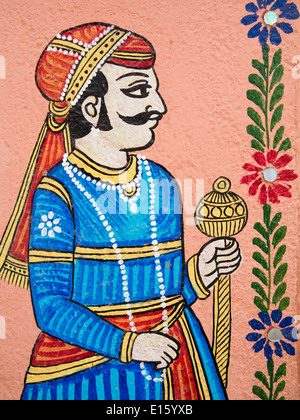 India Rajasthan, Udaipur, tradizionale pittura murale di Rajput uomo Foto Stock