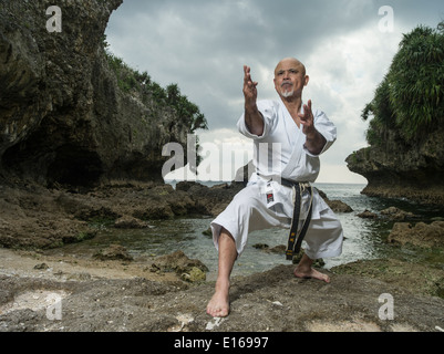 Karate master Narihiro Shinjo - Uechi Ryu Karate, formazione sulla spiaggia di Yomitan, Okinawa, in Giappone. Foto Stock