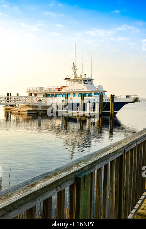 Il molo di legno conduce all'attesa Cumberland Island Queen II ferry boat destinati a Cumberland Island, GA, Stati Uniti d'America Foto Stock