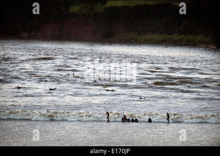 I surfisti e canoisti di equitazione Severn foro a Scandicci ha-on-Severn, GLOUCESTERSHIRE REGNO UNITO 2014 Foto Stock