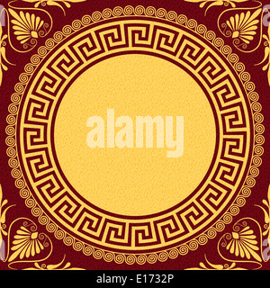 Impostare vintage tradizionale golden round ornamento greco (ondulazione) e motivo floreale su uno sfondo rosso Foto Stock