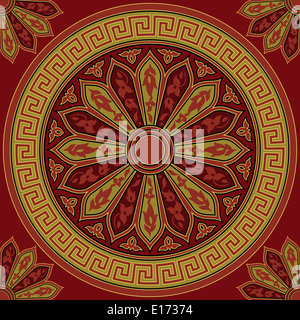 Seamless vintage tradizionale golden round ornamento greco (ondulazione) e motivo floreale su uno sfondo rosso Foto Stock