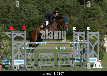 Cavaliere a cavallo saltando ostacoli durante una competizione equestre Foto Stock