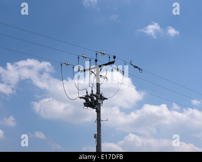 Un azionamento remoto 440V trasformatore interruttore isolatore e in un palo montato 3 fase 11kV overhead linea elettrica di alimentazione. Foto Stock