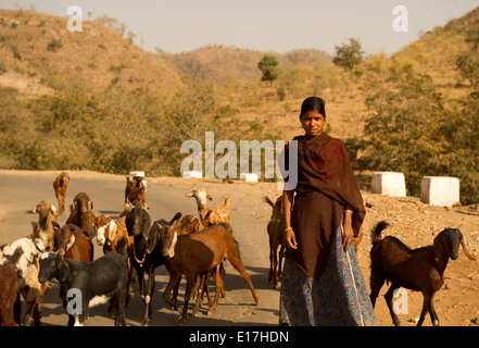 Le donne della tribù Kalbelia sono herderrs di capra e branchi di asino. Rajasthan, India. Herder rurale tribù nel villaggio.