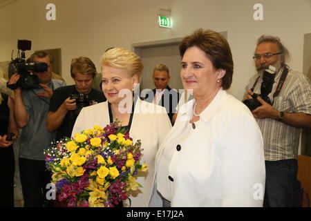 Vilnius. 26 Maggio, 2014. Il Presidente lituano Dalia Grybauskaite (L) prende la foto con le casse del lituano Seimas Loreta Grauziniene a Vilnius, in Lituania il 26 maggio 2014. Il Presidente lituano Dalia Grybauskaite trattenuto il suo post come ella beat social democratico contender Zigmantas Balcytis in un runoff, secondo i risultati preliminari rilasciato dalla commissione elettorale centrale inizio lunedì. Credito: Bu Peng/Xinhua/Alamy Live News Foto Stock