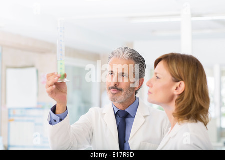Gli scienziati esaminando liquido verde nel tubo Foto Stock