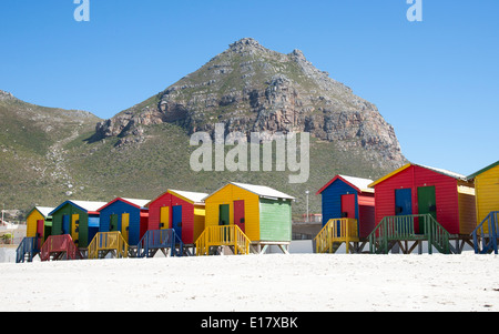 Cabine in legno dipinto in vari colori in Muizenberg Western Cape Sud Africa Foto Stock