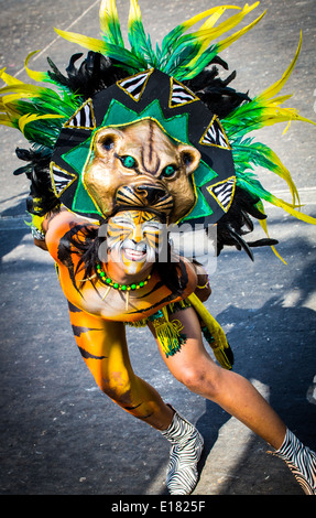 Barranquilla, Colombia - 1 Marzo 2014 - esecutori in costume elaborato cantare, ballare, e passeggiare il loro cammino lungo le strade di Barranquilla durante la Battalla de Flores. Il pinnacolo del carnevale de Barranquilla parate. Foto Stock