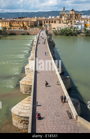 Guardando attraverso il fiume Guadalquivir e ponte romano per il Duomo e il centro storico di Cordoba, Andalusia, Spagna Foto Stock