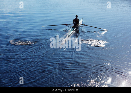 Uomo scull canottaggio sul lago Foto Stock