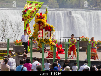 Toronto, Canada. 26 Maggio, 2014. Un Leone danza team dal cinese Foshan Nanhai Huangfeihong Zhonglian Lion Dragon & Arte Marziale Associazione svolge in Niagara Falls, Ontario, Canada, 26 maggio 2014. Credito: Zou Zheng/Xinhua/Alamy Live News Foto Stock