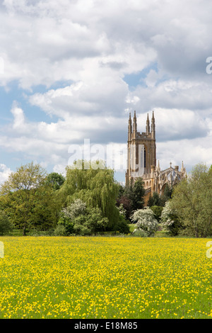 Guardando attraverso prati fioriti verso San Pietro ad Vincula chiesa parrocchiale a Hampton Lucy, Warwickshire, Inghilterra, Regno Unito Foto Stock