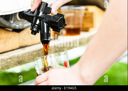 Una pinta di real ale che viene versato dal barile. Foto Stock