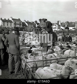 Degli anni Cinquanta, foto storiche di ben vestito adatto agli agricoltori al di fuori di acquisto di ovini ad un asta di un mercato del bestiame in un paese di lingua inglese town. Foto Stock