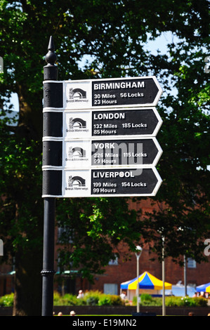 Canal chilometraggio Signpost, Stratford-Upon-Avon, Warwickshire, Inghilterra, l'Europa occidentale. Foto Stock